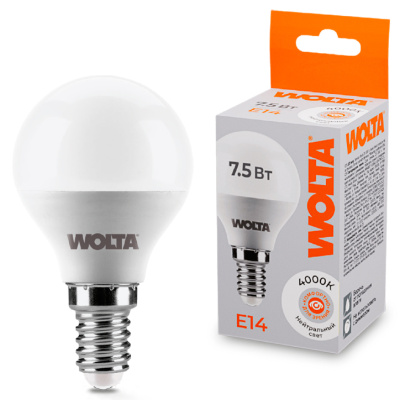 Лампа светодиодная Wolta LED G45 25S45GL7.5E14 / E14, шар, 7,5 Вт, 625lm 4000К купить в отделе магазина Экономстрой