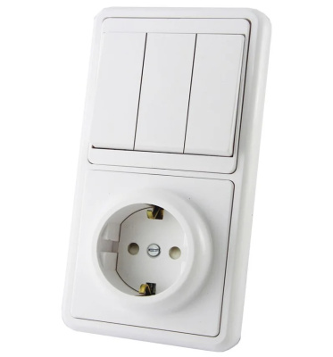 Блок вертикальный розетка с заземлением + 3 клавишный выключатель, белый, ТДМ SQ1813-0003 купить в отделе магазина Экономстрой