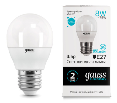 Лампа светодиодная Gauss Elementary LED Globe Шар матовый E27 8W 540lm 4100К, 53228