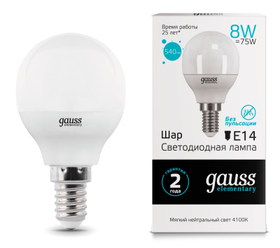 Лампа светодиодная Gauss Elementary LED Globe Шар матовый E14 8W 540lm 4100К, 53128