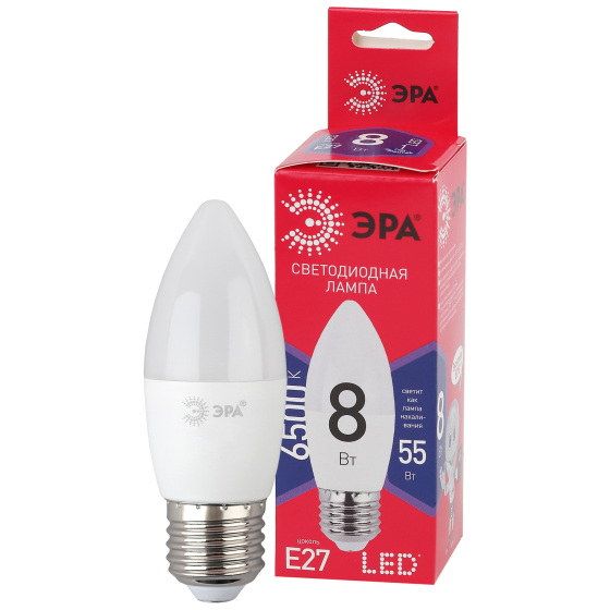 Лампа светодиодная Эра Red Line LED B35-8W-865-E27 R Е27 / E27, свеча, 8 Вт, 640lm 6500К, Б0045342 купить в отделе Лампочки светодиодные магазина Экономстрой