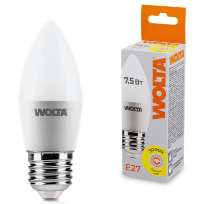 Лампа светодиодная Wolta LED С37 25YC7.5E27 / E27, свеча, 7,5 Вт, 625lm 3000K купить в отделе магазина Экономстрой