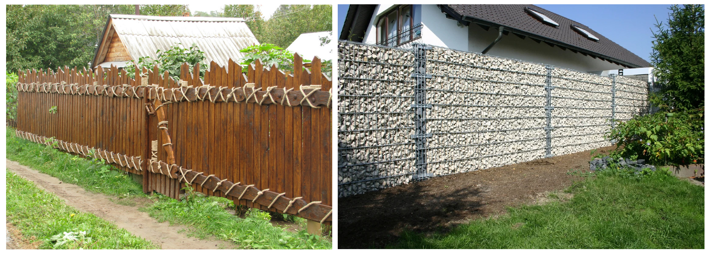Забор из дерева и ограждение с использованием щебня и сетки - фото