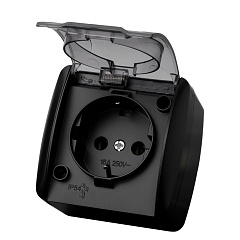 Розетка с заземлением TDM, Селигер, с прозрачной крышкой, 2П+3, открытой установки, 16А, графит