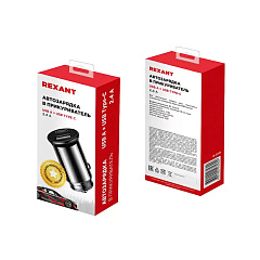 Автозарядка в прикуриватель Rexant (АЗУ), черная, 2.4 A, USB-A+USB-C