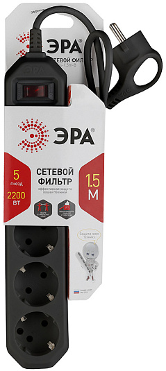 Сетевой фильтр USF-5es-1.5m-B, 5 гнезд с заземлением, 1,5 м, термореле+варистор, черный, ЭРА 