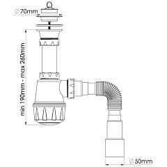 Сифон для умывальника с разборным выпуском 70 мм, большая колба, гибкая труба 1 1/2"х40/50 1060