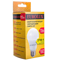 Лампа светодиодная Eurolux LL-E-A60-15W-230-2,7K-E27, груша, E27 А60 15Вт 1300Лм 2700К, теплый белый свет, 76/2/19