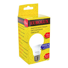 Лампа светодиодная Eurolux LL-E-A60-15W-230-6K-E27, груша, E27 А60 15Вт 1300Лм 6000К, холодный белый свет, 76/2/74