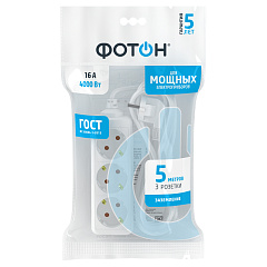 Удлинитель сетевой Фотон, с заземлением, 16А, белый, 3 розетки, 5 м