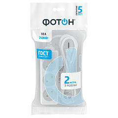 Удлинитель сетевой Фотон, 10А, белый, 3 розетки, 2 м