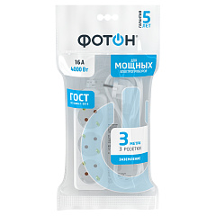 Удлинитель сетевой Фотон, с заземлением, 16А, белый, 3 розетки, 3 м