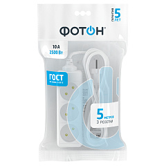 Удлинитель сетевой Фотон, 10А, белый, 3 розетки, 5 м