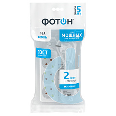 Удлинитель сетевой Фотон, с заземлением, 16А, белый, 3 розетки, 2 м