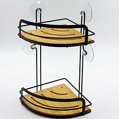 Полка для ванной угловая, 2-ярусная, на присосках, сталь/бамбук, черный