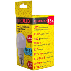Лампа светодиодная Eurolux LL-E-A60-13W-230-4K-E27, груша, E27 А60 13Вт 1170Лм 4000К, нейтральный белый свет, 76/2/18
