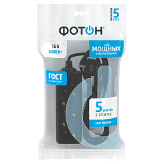 Удлинитель сетевой Фотон, с заземлением, 16А, черный, 3 розетки, 5 м