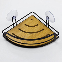 Полка для ванной угловая, 1-ярусная, на присосках, сталь/бамбук, черный