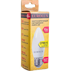 Лампа светодиодная Eurolux LL-E-C37-6W-230-2,7K-E27, свеча, E27 C37 6Вт 480Лм 2700К, теплый белый свет, 76/2/9
