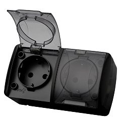 Розетка двойная с заземлением TDM, Селигер, с прозрачной крышкой, 2П+3, открытой установки, 16А, графит