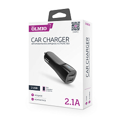 Автозарядка в прикуриватель 2хUSB, 2,1A с индикацией, без шнура, чёрная OLMIO 038633