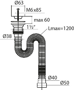 Сифон гофрированный с нержавеющей чашкой 63 мм, 1200 мм 40/50 1 1/4&quot; 30986362