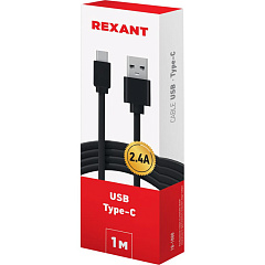 Кабель Rexant, черный, 1 м, 2,4A, USB-Type-C