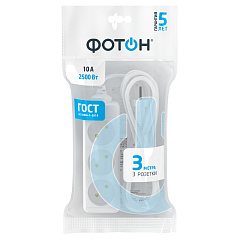 Удлинитель сетевой Фотон, 10А, белый, 3 розетки, 3 м