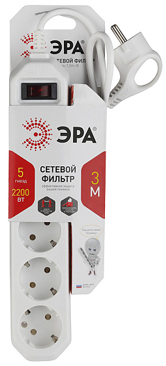 Сетевой фильтр USF-5es-3m-W, 5 гнезд с заземлением, 3 м ЭРА 