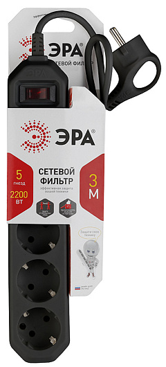 Сетевой фильтр USF-5es-3m-B, 5 гнезд с заземлением, 3 м ЭРА