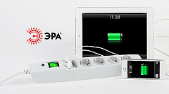 Сетевой фильтр SFU-5es-2m-W 5 гнезд, с заземление +2 USB, 2 м, термореле+L-С фильтр+варистор, белый, ЭРА (С0043327)