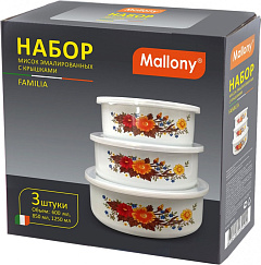 Набор эмалированных мисок с крышками Familia, белый с дизайном, 600/850/1250 мл