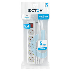 Удлинитель сетевой Фотон, с выключателем, с заземлением, 16А, белый, 5 розетки, 5 м