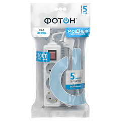 Удлинитель сетевой Фотон, с выключателем, с заземлением, 16А, белый, 3 розетки, 5 м