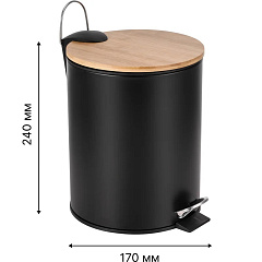Ведро для мусора Fora Dark 3L с педалью и бамбуковой крышкой, черный/бамбук, 3 л
