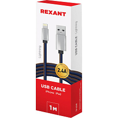 Кабель Rexant, джинсовая оплетка, 1 м, 2,4A, USB-Lightning