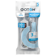 Удлинитель сетевой Фотон, с выключателем, с заземлением, 16А, белый, 3 розетки, 3 м