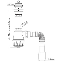 Сифон для умывальника с разборным выпуском 70 мм, с отводом для стиральной машины, гибкая труба 1 1/2"х40/50 1061