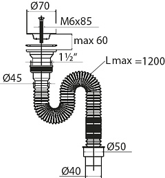 Сифон гофрированный с нержавеющей чашкой 70 мм, 1200 мм 40/50 1 1/2&quot; 30980632