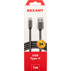 Кабель Rexant, нейлоновая оплетка, графит, 1 м, 3A, USB-Type-C