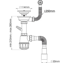 Сифон для керамической мойки Nova с выпуском 3 1/2", круглый перелив, винт 45 мм, отвод для стиральной машины