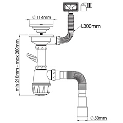 Сифон для мойки с переливом Nova, латунный винт 25 мм, гибкая труба 1 1/2" - 40/50, выпуск 3 1/2"