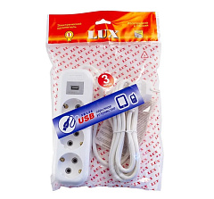 Удлинитель белый LUX У3-E-USB-03 3-местный с USB  гнездом 5В 1.3А с заземлением, 250В 16А, 3 м