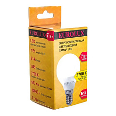 Лампа светодиодная Eurolux LL-E-G45-7W-230-2,7K-E14, шар, E14 G45 7Вт 560Лм 2700К, теплый белый свет, 76/2/5