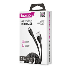 Кабель USB 2.0 - microUSB, длина 1 м, 2.1 A, чёрный, плоский OLMIO 038658