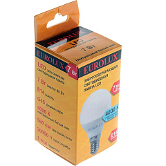 Лампа светодиодная Eurolux LL-E-G45-7W-230-4K-E14, шар, E14 G45 7Вт 560Лм 4000К, нейтральный белый свет, 76/2/6