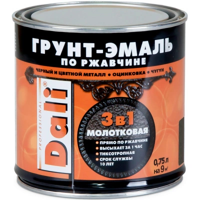 Грунт-эмаль по ржавчине 3 в 1 Dali, молотковая черная, 0,75 л