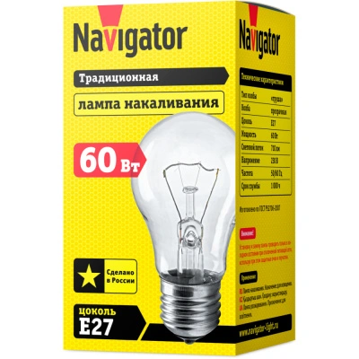 Лампа накаливания Navigator NI-A-60-230-E27-CL прозрачная (ЛОН) A55 60W E27 710lm 2700К, 94300