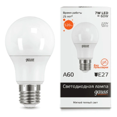 Лампа светодиодная Gauss Elementary LED ЛОН А60 матовая E27 7W 520lm 3000К, 23217A