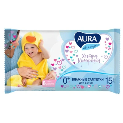 Влажные салфетки для детей Aura, ultra comfort, 15 шт